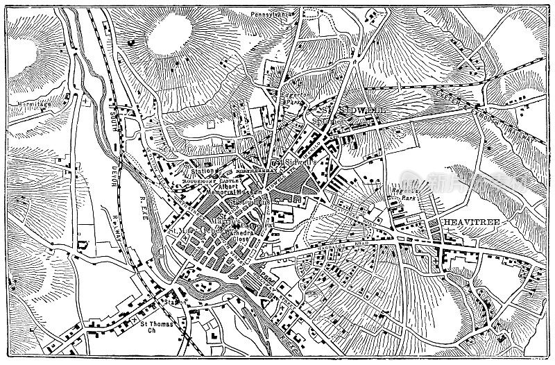 英格兰埃克塞特古董地图- 19世纪